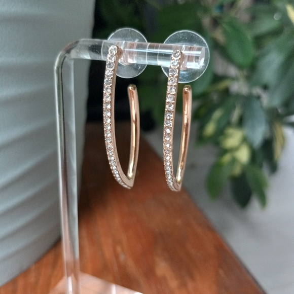 A New Day Rose Gold Rhinestone Long V-Shaped Hoops - Picture 6 of 10
